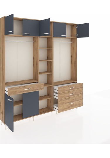 Arges Dolap 11 Raflı 4 Çekmeceli 2 Askılı 220x30x243 Çam-antrasit/çam Antrasıt/atlas Çam