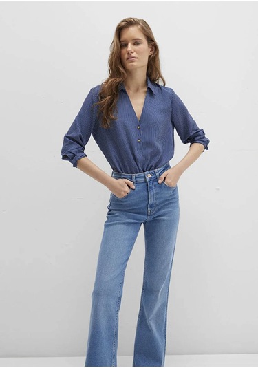 Mavi Çizgili Düğme Detaylı Lacivert Kadın Bluz M122400-80736 Lacivert