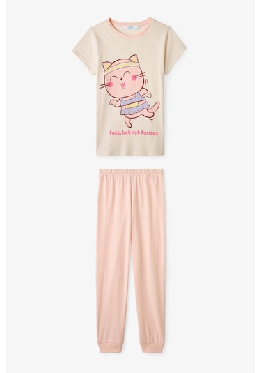 Penti Ekru Kız Çocuk Fast Cat Pamuklu 2'li Pijama Takımı