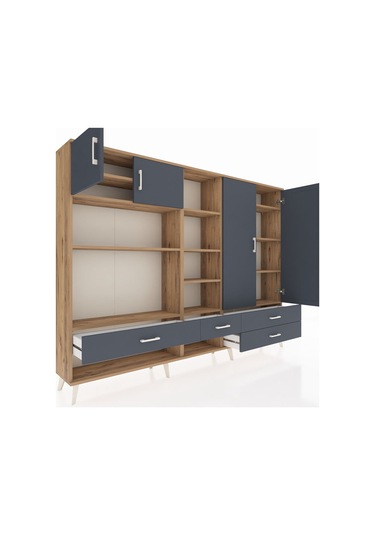 Arges Dolap 12 Raflı 4 Çekmeceli 4 Kapaklı 220x30x163 Çam-antrasi Çam-antrasit