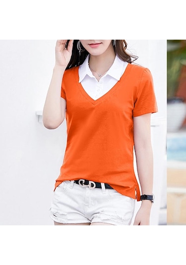 Turuncu Pamuk Yaz Yeni Kısa Kollu Kadın Gömlek Kadın Sahte Iki Kadın Ince Turn Down Yaka Gömlek Za Tops Turuncu Turuncu Pamuk Yaz Yeni Kısa Kollu Kadın Gömlek Kadın Sahte Iki Kadın Ince Turn Down Yaka Gömlek Za Tops Turuncu
