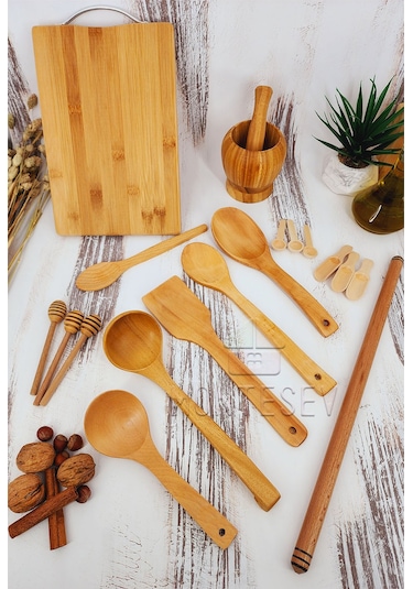 Ahşap Tahta Mutfak Kaşık Seti 18 Parça Kayın, Şimşir Ağacı 18-1