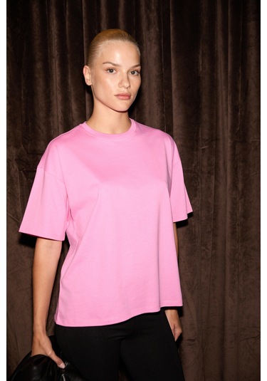 Grımelange Lagertha Kadın %100 Organik Pamuklu Kalın Dokulu Oversize Fit Yuvarlak Yakalı Pembe T-shi Pembe