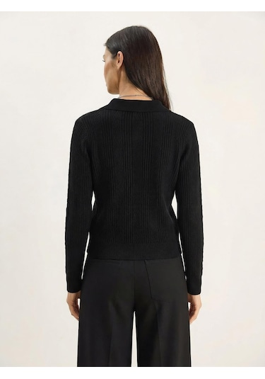Shade Kadın Polo Yaka Patlı Regular Fit Triko Kazak 20258063 - Siyah