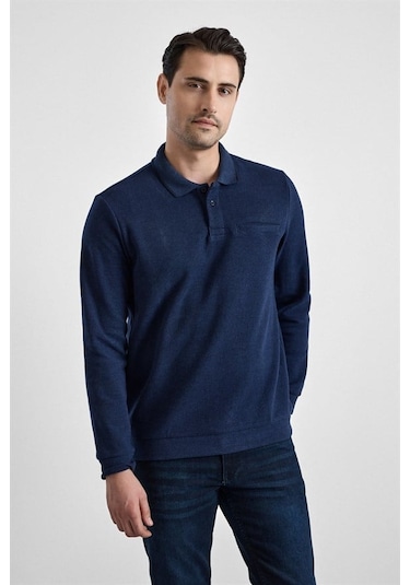 Süvari Lacivert Regular Düz Fermuarlı Polo Yaka Sweatshirt Sw2013700011-m09