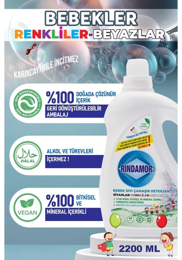 % 100 Doğal Bitkisel Bebek Sıvı Çamaşır Deterjanı - Kokusuz 2200 ML