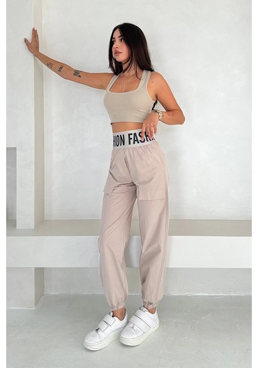 Beli Lastikli Fashion Pantolon Krem Krem