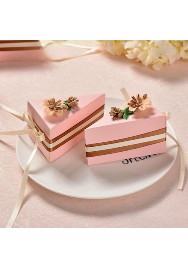 10 Adet Üçgen Pasta Şeklinde Şeker Kutusu Çiçekli Fiyonklu Çikolatalı Şeker Hediye Kutusu Gelin Duşu Düğün Doğum Günü Partisi İçin Parti Hediyelikleri