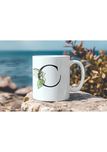 C Harf Zarif Yaprak Desenli Kupa Bardak - Naturel Sade Alfabe Harfli Bardak - Kişiye Özel Hediye Beyaz