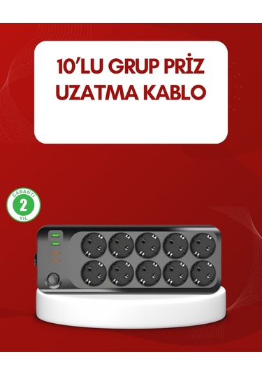 Universal Usb Type-c Destekli 10 Lu Grup Priz Termal Korumalı 2m Kablo 2500w