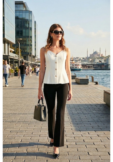 Lela Fitted Fit V Yaka Düğmeli Bayan Yelek 611Fyl145 Ekru