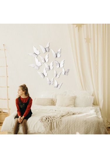 Jeehugo Gümüş 3d Kelebek Duvar Sticker, Ev Dekorasyonu, Salon Odası, Dıy Tasarım, Parlak Kağıt Malzeme, 12 Adet + Tutkal Noktaları Gümüş