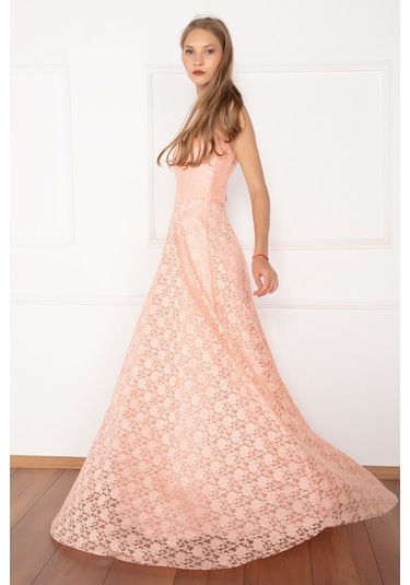 Kalopya V Yaka Dantel Uzun Abiye Elbise 13103 Pudra