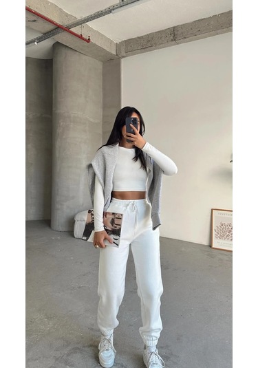 3 İplik Şardonlu Paça Lastikli Eşofman Beyaz İs001 Beyaz