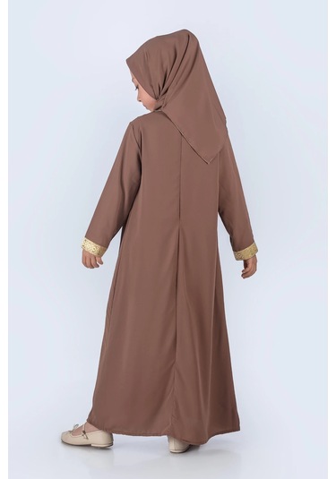 Eşarplı Ferace Medine İpek Kumaş Kız Çocuk Kahverengi