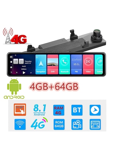 Wevolt 4g Hb-20-3 64 Gb 12 İnç Dokunmatik Ayna Kamera Android Uzaktan İzlemeli 1080p Ön Arka Araç Kamera.