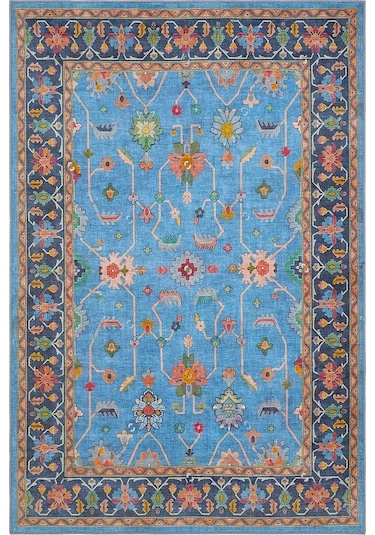 Cool Halı Beylerbeyi By 845 Mavi Halı Çiçek Desenli Otantik Ev Salon Halısı Yıkanabilir Şönil Halı