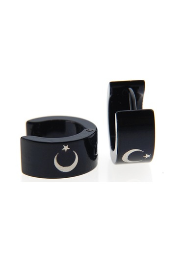 Ay Yıldız Siyah Çelik Erkek Küpe Takı Aksesuar P24 T5 Çelik