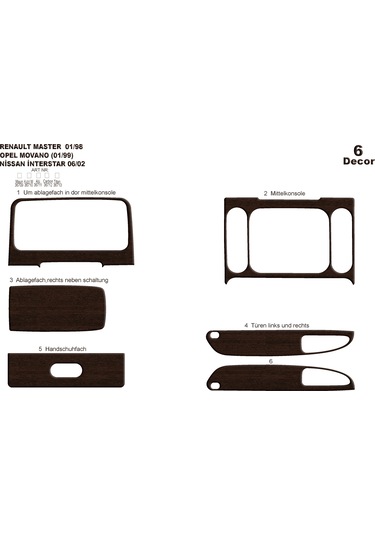 Renault Master Movano İnterstar Konsol-torpido Kaplama 1999-2003 6 Parça-koyu Meşe Seçenek