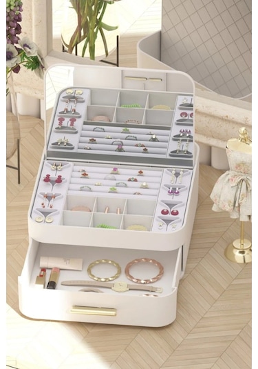 Decorev Aynalı Çok Bölmeli Çekmeceli Makyaj Takı Organizer Krem