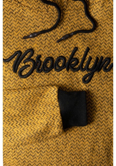 Erkek Hardal Kapüşonlu Kanguru Cepli Nakışlı Örme Sweatshirt HARDAL