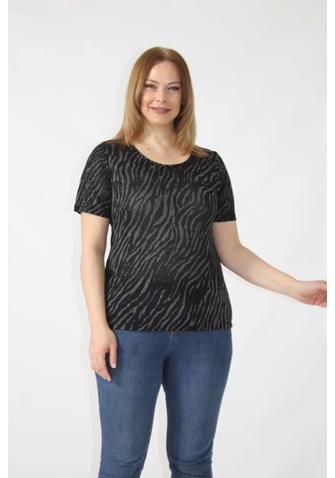 3284 Sırtı Dantel Detaylı Viskon Penye Desenli Bluz Siyah-krem