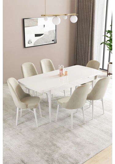 Sar Pakete Almira Serisi, Beyaz 80x132 Açılabilir Mdf Mutfak Masası Takımı 6 Adet Sandalye Krem
