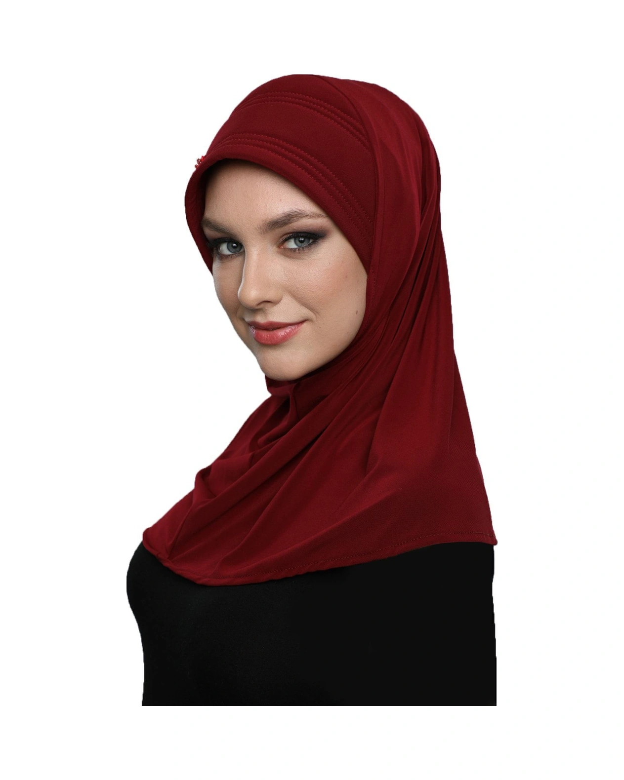 Takmatik Taşlı El Işi Boncuk Işlemeli Bordo Hazır Türban Tesettür Bone Namaz Örtüsü Bordo