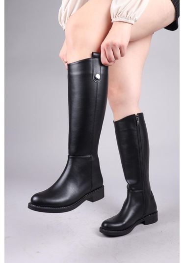 Terıga Düğme Aksesuarlı Düz Çizme Siyah-8460 Siyah
