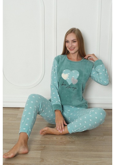 Fawn 3316 Peluş Welsoft Polar Kışlık Yumoş Kalpli Kadın Pijama Takımı Yeşil