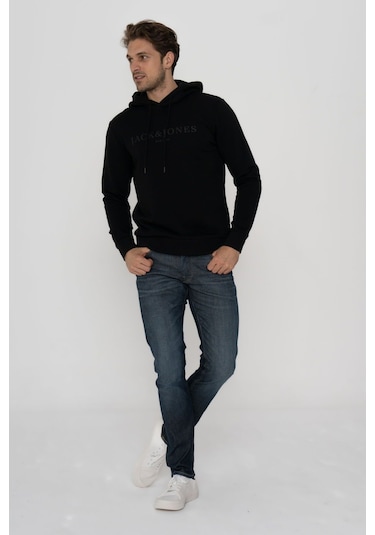 Jack & Jones Erkek Logo Baskili Kapüsonlu Sweatshirt - Luke 12214639 Black Bej