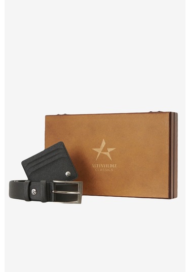 AC&Co / Altınyıldız Classics Erkek Siyah Kemer - Kartlık Aksesuar Set Sıyah Siyah