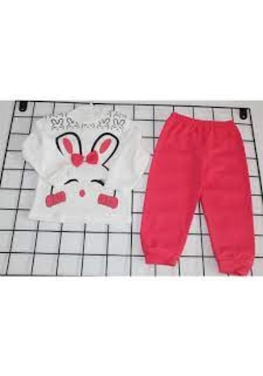 Tavşan Baskılı Kurdeleli Kız Bebek İkili Takım Pijama Takım Çok Renkli