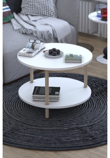 Yuvarlak Orta Sehpa Ahşap Ayaklı Sehpa Iki Raflı Sehpa Dekoratif Sehpa Gazetelikli - Beyaz - 60cm Beyaz