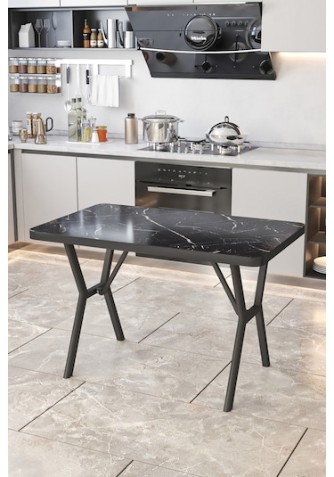 Parla 70x110cm Siyah Mermer Mutfak Masası, Mutfak Masası Takımı, Yemek Masası, 4 Kahverengi Sandalye Kahverengi