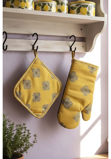 Sarı Etnik Desen 2 Li Fırın Eldiveni & Tutacak Seti Çok Renkli