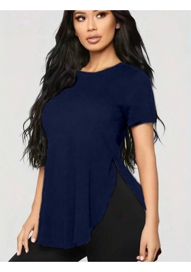 Kadın Türlü Viskon Kumaş Yırtmaç Detaylı Bluz Lacivert