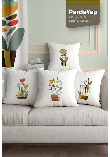 Rengarenk Saksı Çiçekleri Desenli 4lü Kırlent Kılıfı