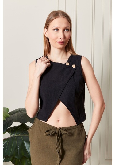 Şık Farklı Tarz Asi Keten Bluz - Modern Ve Cesur Tasarım Siyah