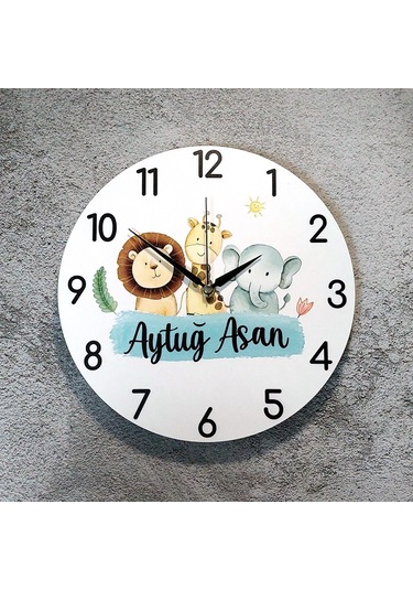 Cajuart İsme Özel Sevimli Hayvan Figürlü Çocuk Odası Duvar Saati Beyaz