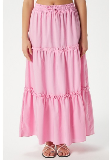 Kadın Elanora Pembe Astarlı Katlı Poplin Etek Pembe