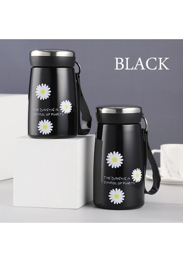 Shun Sevimli Papatya Desenli Paslanmaz Çelik Termos Bardak Dzcp-1 - Taşınabilir Mini Su Şişesi Siyah Siyah