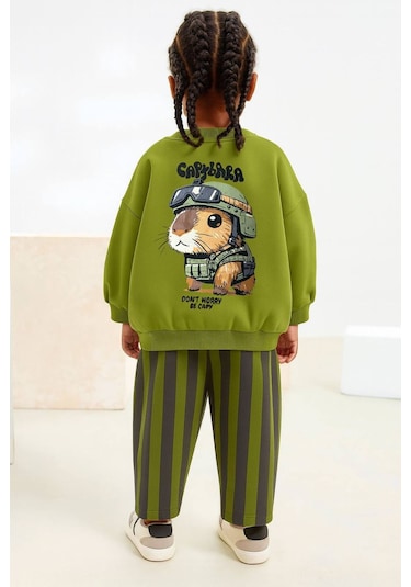 Kız Çocuk Capybara Desen Yeşil Renk Sweatshirt Çizgili Jogger Alt Üst Takım Yeşil