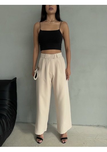 Kadın Cırt Kapama Bol Paça Palazzo Pantolon Bej