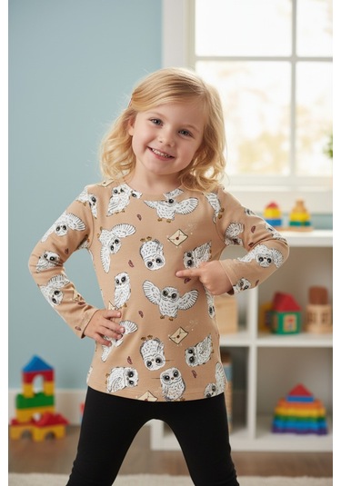Baykuş Desenli Kız Çocuk Pijama Takım Kahverengi