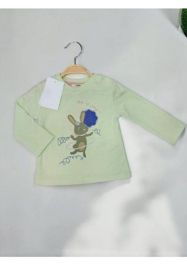 Kız Bebek Tavşan Baskılı Pamuklu İnce Uzun Kollu Bluz-14900 Yeşil