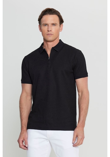 Erkek Sıyah Pamuklu Slim Fit Dar Kesim Fermuarlı Yaka Jakarlı Esnek Tişört Siyah