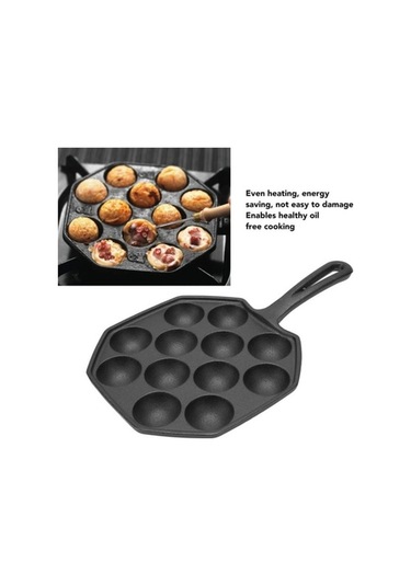 Pazly 12 Gözlü Dökme Demir Takoyaki Tavası, Yapışmaz Yüzey, Sağlıklı Yağsız Pişirme, Siyah Siyah