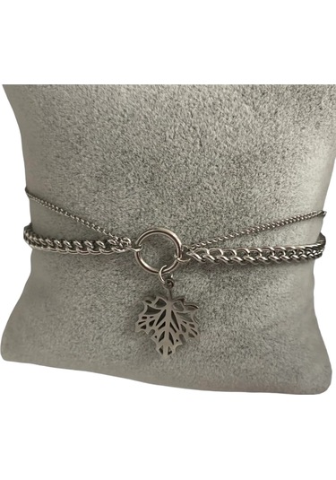 Çelik Çift Zincirli Yaprak Detaylı Gümüş Renkli Kararmaz 17+5 Boy Kadın Bileklik Çelik