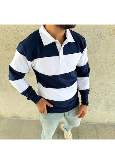 Erkek Polo Yaka Uzun Kollu Çizgili Sweatshirt Trend Rugby Stil - Lacivert Siyah